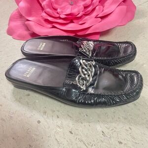 STUART WEITZMAN Sz 8.5 N Chain Black Patent Leather Slip On Mules Square Toe